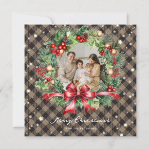 Khaki Büffelkariert Weihnachtssterne Kranz Foto Feiertagskarte