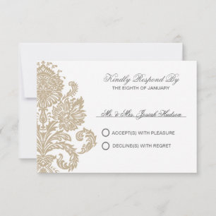 Khaki Damask Border Wedding DIY RSVP Card