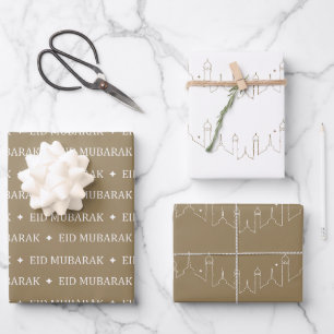 Khaki Eid Mubarak Masjid Muster Design Geschenkpapier Set