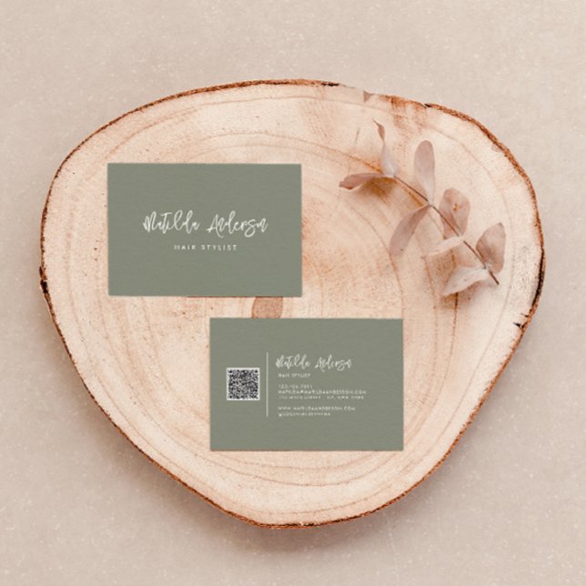 Khaki grün modernes Minimalskript QR CODE Visitenkarte (Von Creator hochgeladen)