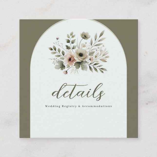 Khaki Olive Green Watercolor Blumenzettel Quadratische Visitenkarte (Vorderseite)