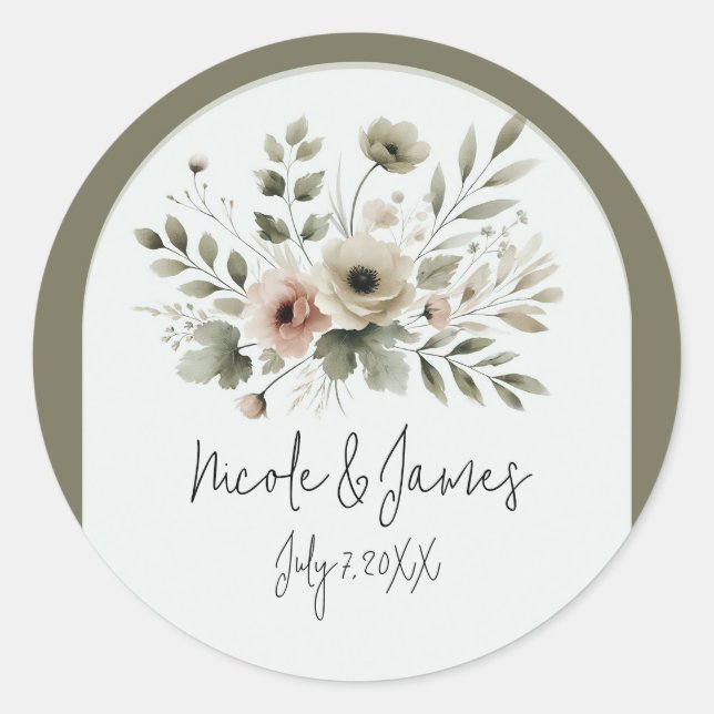 Khaki Olive Green Watercolor Floral Wedding Runder Aufkleber (Vorderseite)