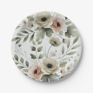 Khaki Olivgrün Aquarell Blumen Hochzeit Pappteller