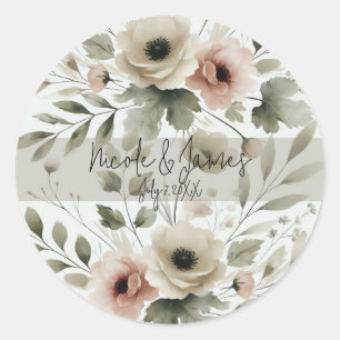 Khaki Olivgrün Aquarell Blumen Hochzeit Runder Aufkleber