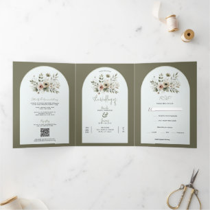 Khaki Olivgrün Wasserfarbe Florale Hochzeit Dreifach Gefaltete Einladung