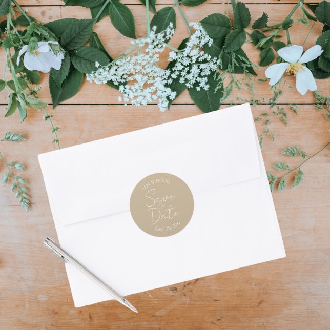 Khaki stylized Wedding Save the Date Runder Aufkleber (In Situ Wedding)