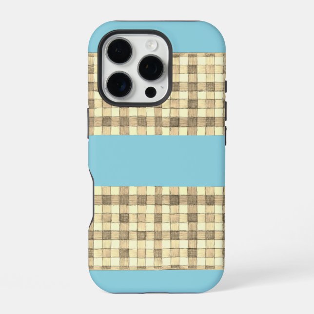 Khaki tan Creme Gingham Blue Stripe iPhone 16 Fall Hülle (Rückseite)