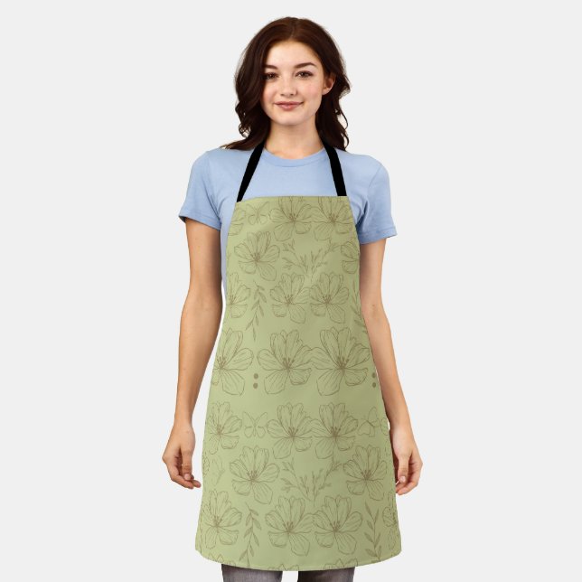Khaki- und Salbeigrün Boho-Blumenmuster  Schürze (Getragen)