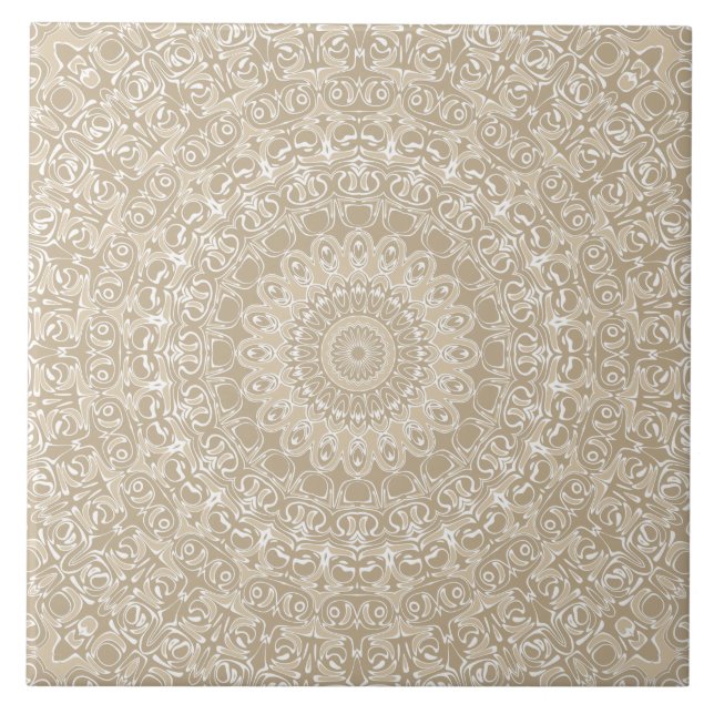 Khaki- und Weiß-Ornamentales Mandala-Muster Fliese (Vorderseite)
