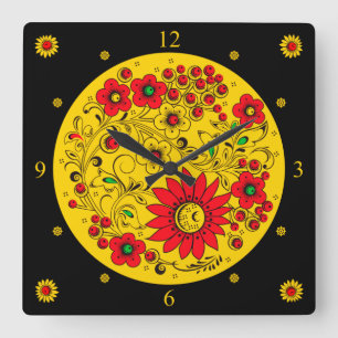 Khokhloma ~ Russian Folk Art ~ Flowers ~ Quadratische Wanduhr