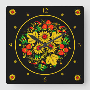 Khokhloma ~ Russian Folk Art ~ Flowers ~ Quadratische Wanduhr