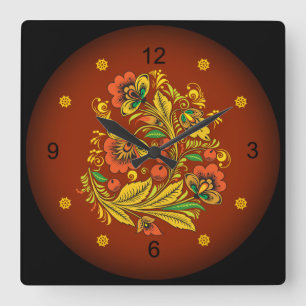 Khokhloma - Russian Folk Art Flowers Quadratische Wanduhr