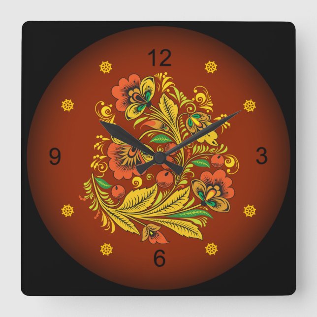 Khokhloma - Russian Folk Art Flowers Quadratische Wanduhr (Vorderseite)