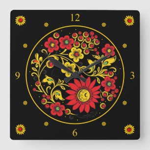 Khokhloma ~ Russian Folk Art ~ Red/Gold Flowers ~  Quadratische Wanduhr