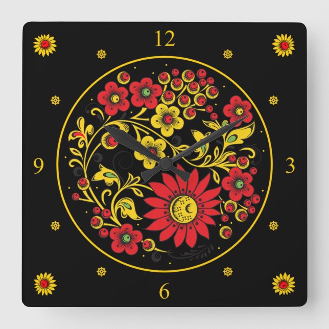 Khokhloma ~ Russische Volkskunst ~ Rote/Gold-Blume Quadratische Wanduhr (Vorderseite)