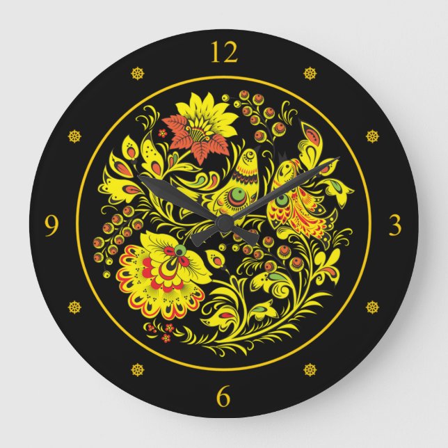 Khokhloma ~ Russische Volkskunst ~Vögel & Blume ~  Große Wanduhr (Vorderseite)