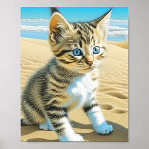 KI Graue getigerte Katze spielt an einem sandigen  Poster