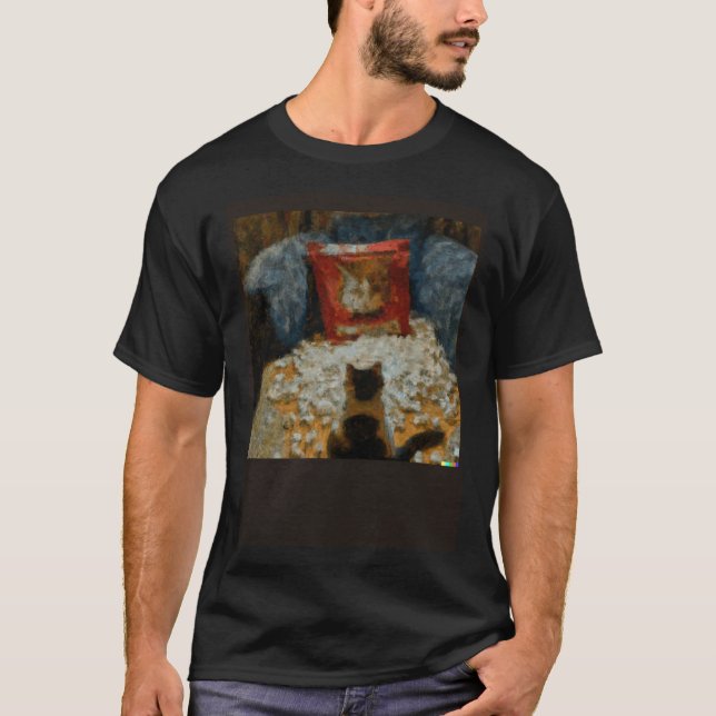 KI-Impressionist  Katze isst Popcorn T-Shirt (Vorderseite)
