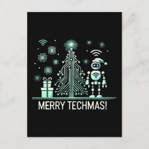 KI-Roboter mit Tech-Weihnachtsbaum – Frohe Tech-We Postkarte