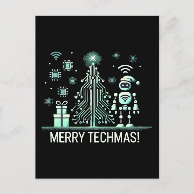 KI-Roboter mit Tech-Weihnachtsbaum – Frohe Tech-We Postkarte (Vorderseite)