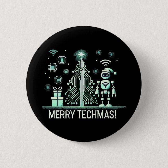 KI-Roboter mit Tech-Weihnachtsbaum – Frohe Techmas Button (Vorderseite)