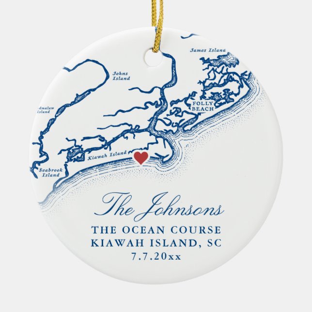 Kiawah Island Map Hochzeitliches Foto Weihnachten Keramik Ornament (Vorne)