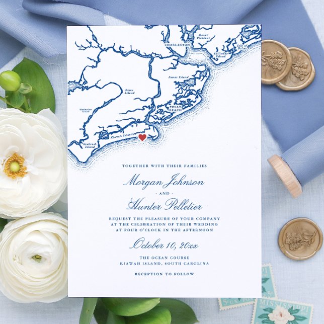 Kiawah Island SC Karte Elegant Navy Blue Wedding (Kiawah Island SC Map Wedding Invitation for an Elegant Navy Blue Destination Wedding )