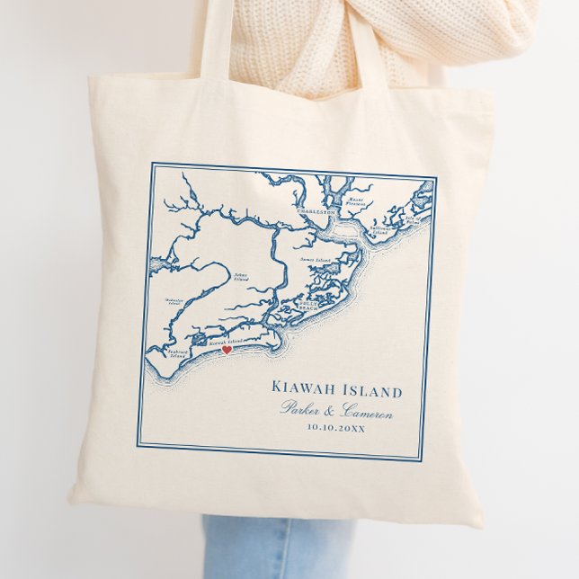Kiawah Island SC Navy Blue Gastgeschenk Hochzeit W Tragetasche (Elegant Kiawah Island SC Wedding Tote bag navy blue. Welcome bag wedding favor Coastal Map Designs)