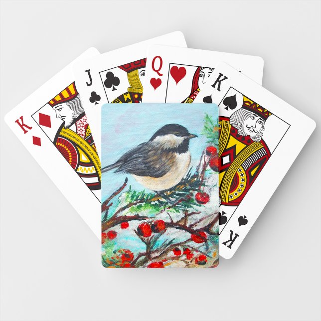 Kicherbeeren Spielkarten (Chickadee Black-Capped Berries On Branch Playing Cards from Jenn's Emporium. )