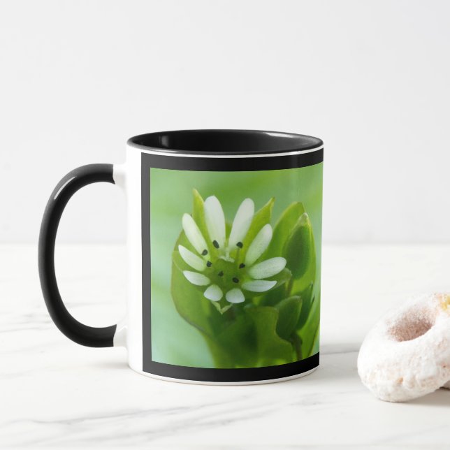 Kicherwelse Blume, Schwarze Rahmen Tasse (Mit Donut)