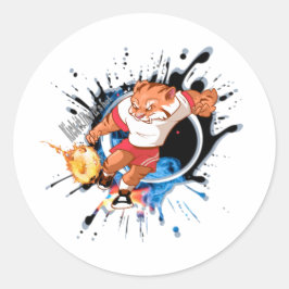 Kick es so, wie es heiß ist. Cartoon Fußball Runder Aufkleber