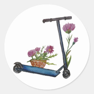 Kick Scooter, Blume Wasserfarbenaufkleber Runder Aufkleber