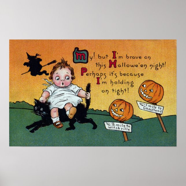 Kid auf Cat und JOL-Signposten Vintag Halloween Poster (Vorne)