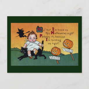Kid auf Cat und JOL-Signposten Vintag Halloween Postkarte