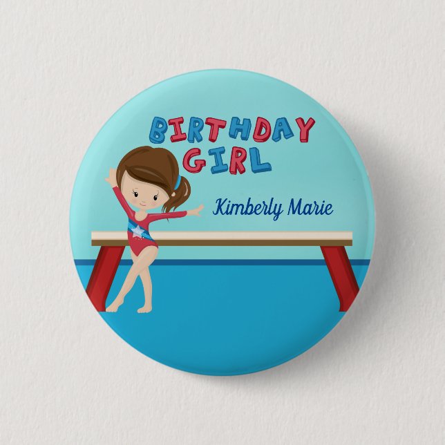 Kid Gymnastics Blue Monogram Birthday Girl Party Button (Vorderseite)