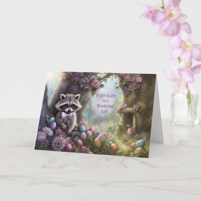 Kid Happy Easter Cute Raccoon and Easter Eggs Karte (Orchidee)