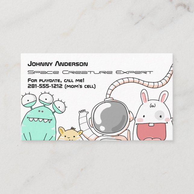 Kid Space Creature Expert Business Card für Junge Telefonnummerkarte (Vorderseite)