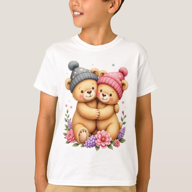 Kid T-Shirt With Two Teddy Bears With Caps (Vorderseite)