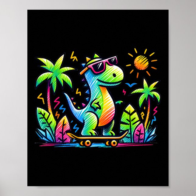 Kidcore-Ästhetik-Dinosaurier-Skateboarding-Doodle- Poster (Vorne)