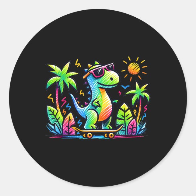Kidcore-Ästhetik-Dinosaurier-Skateboarding-Doodle  Runder Aufkleber (Vorderseite)