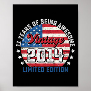 Kids 11. Geburtstag Junge Amerikanische Flagge Vin Poster