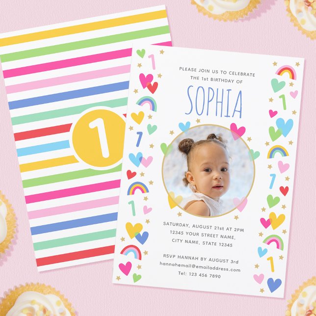 Kids 1st Birthday Cute Rainbow Photo Hearts Yellow Einladung (Von Creator hochgeladen)