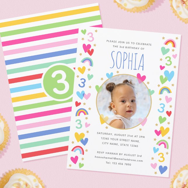 Kids 3rd Birthday Cute Rainbow Photo Hearts Green Einladung (Von Creator hochgeladen)