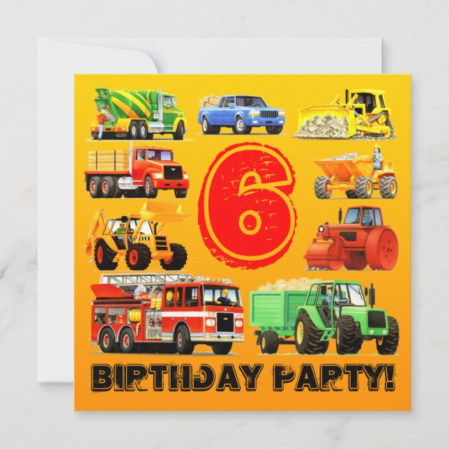 Kid's 6. Geburtstag Custom Construction Truck Part Einladung (Vorderseite)