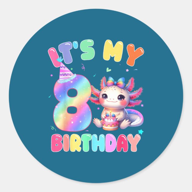 Kids 8 Year Old Bday Cute Axolotl It's My 8th Birt Runder Aufkleber (Vorderseite)