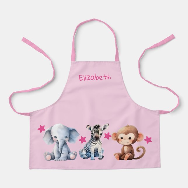 Kid's add name cute animals stars pink schürze (Vorderseite)