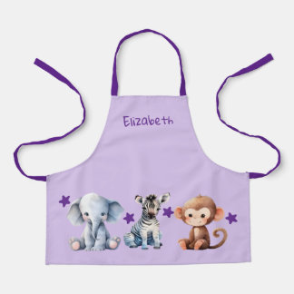 Kid's add name cute animals stars purple schürze