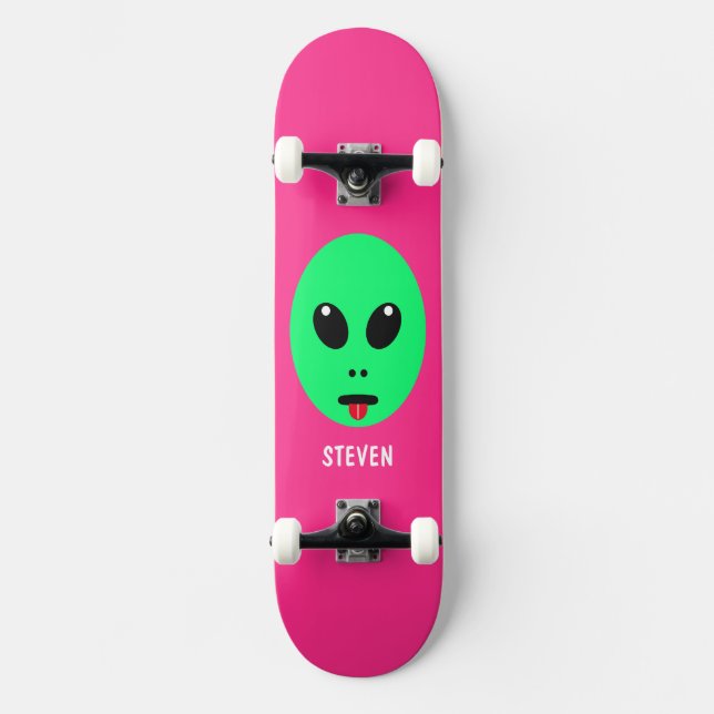 Kids Alien Kopf Grün rosa Personalisierter Name Skateboard (Vorderseite)