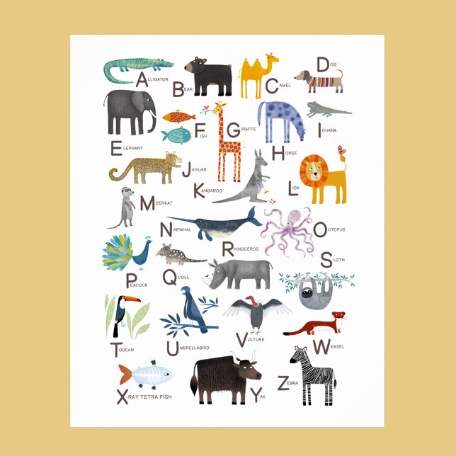 Kids Animal ABC Alphabet Art Poster (Cute animal ABC alphabet for newborn, boy or girl gender neutral nursery or kids room decor wall art)