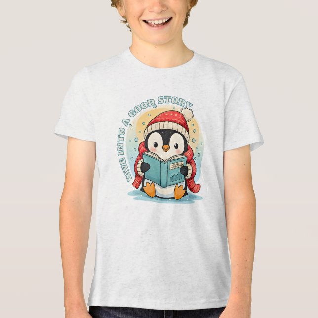 Kids' Ash Grey Reading Penguin Adventure Cotton Te Tri-Blend Shirt (Vorderseite)